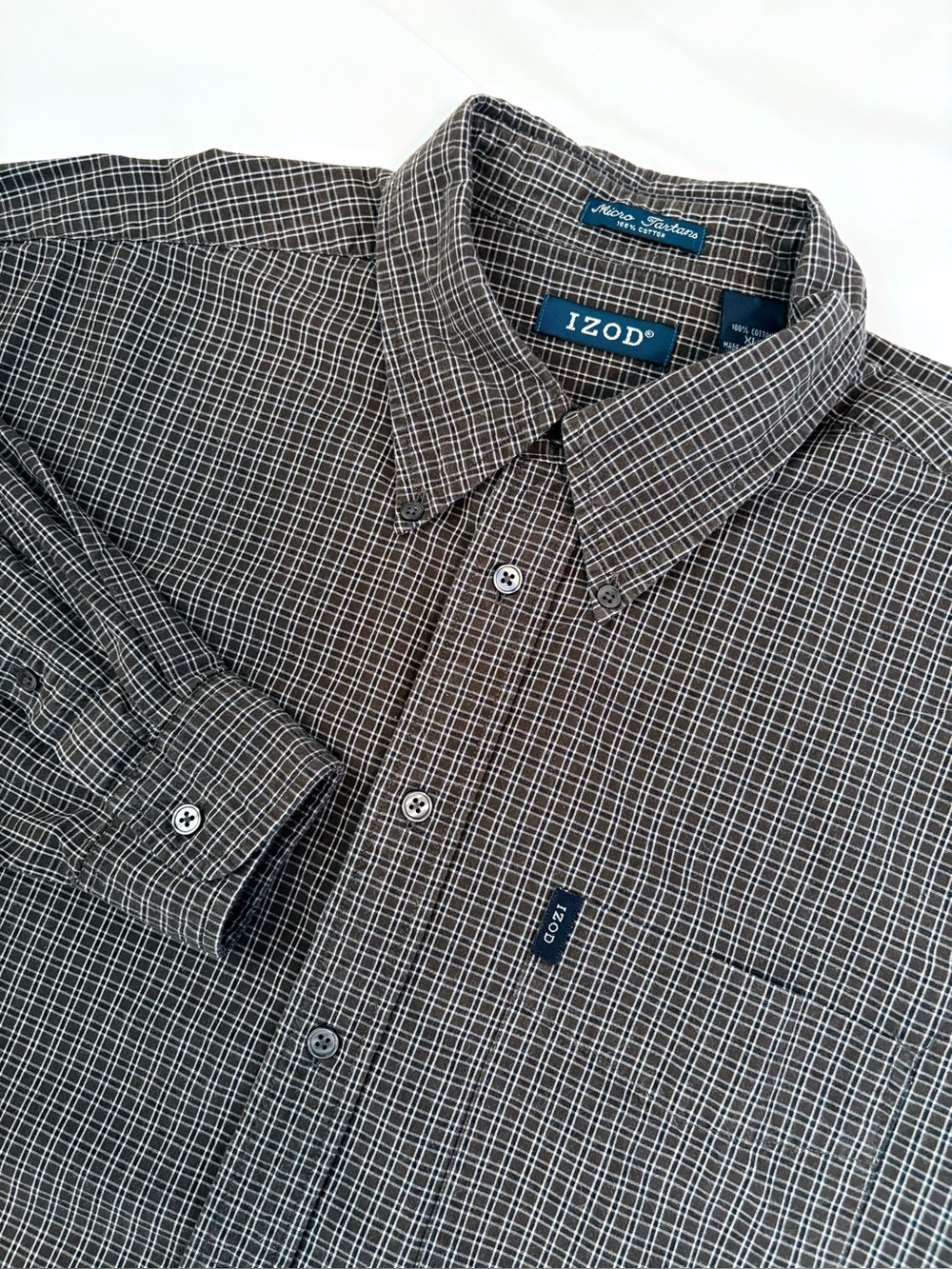 IZOD Men's Brown Micro Tartan Button Down Shirt 100% Cotton Size XL